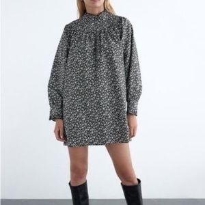 Zara Poplin Black and White Floral Long Sleeve High Neck Collard Dress NWOT